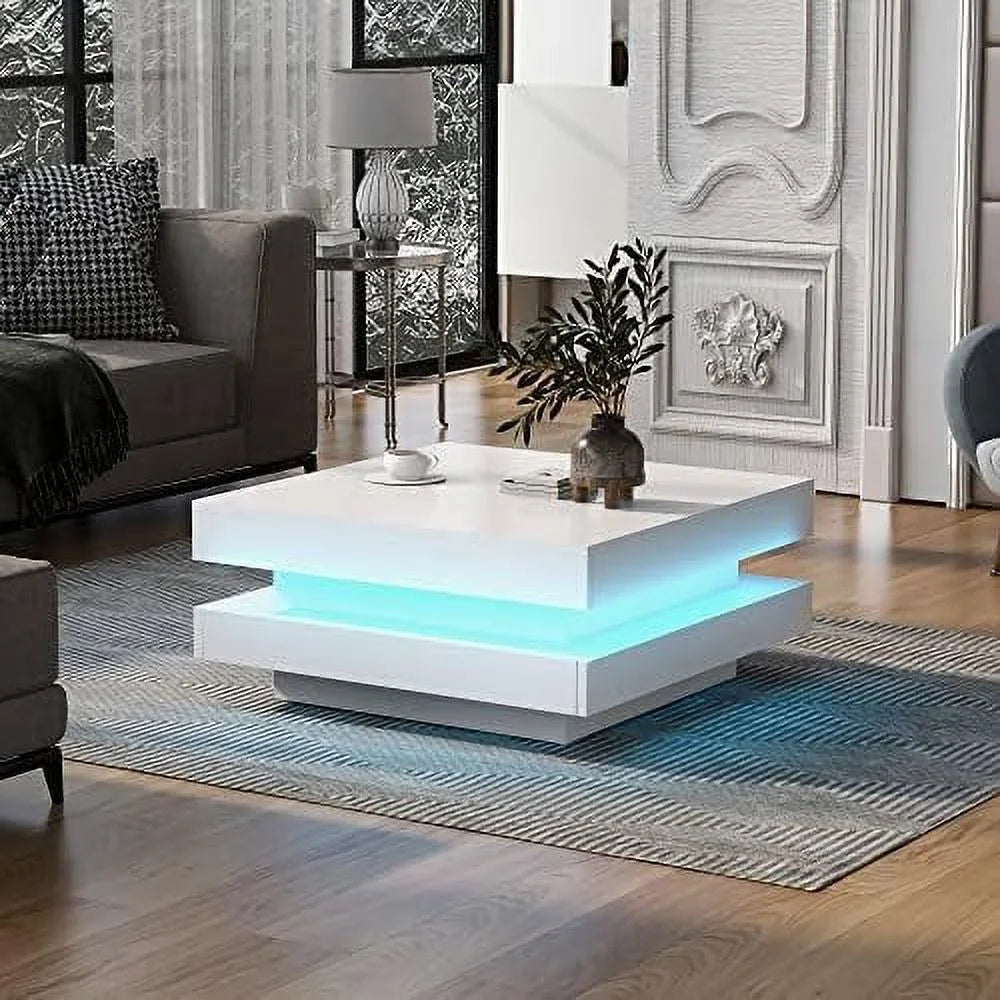 High Gloss 2-Tier Square Coffee Table with LED Lights H470744