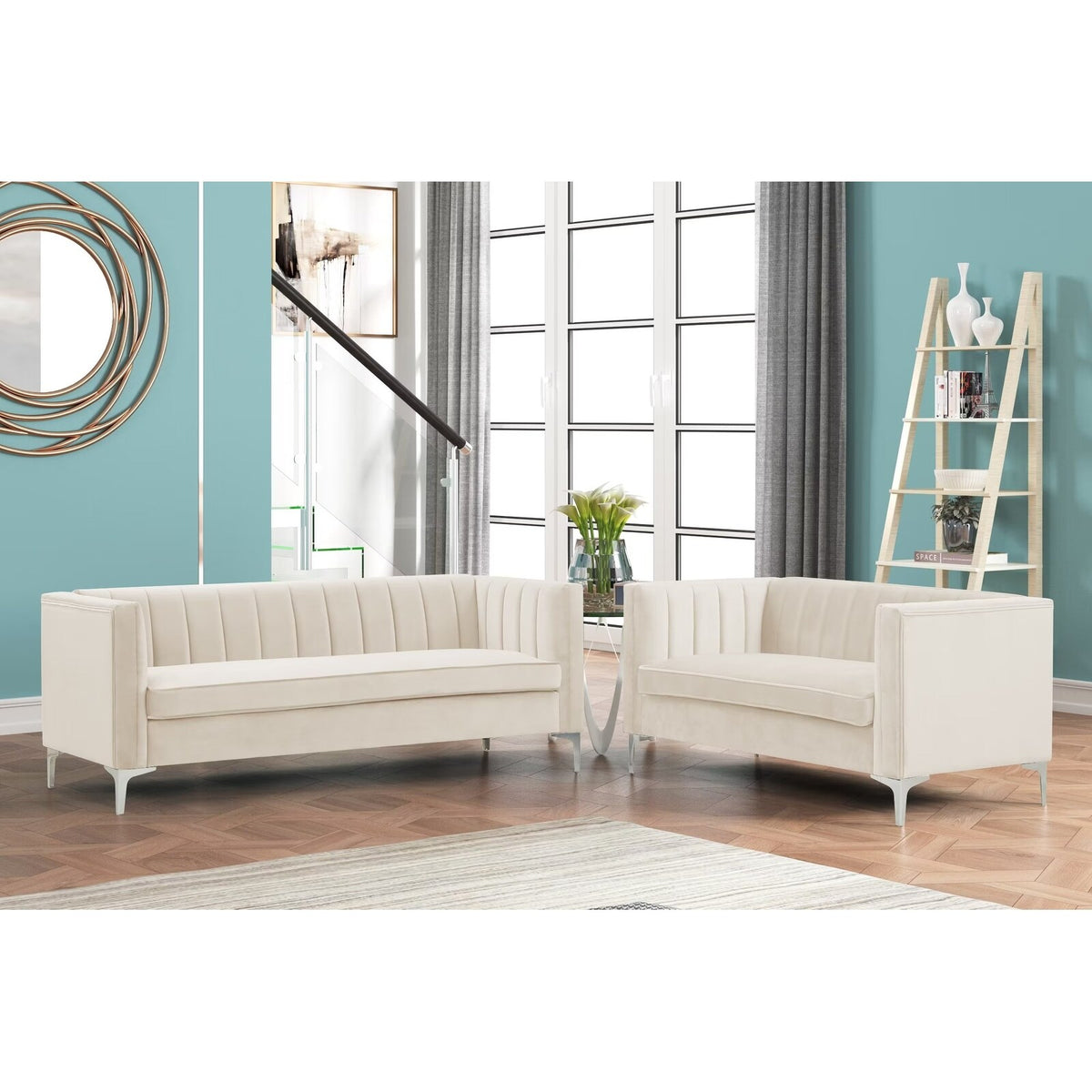 Grey Dutch Velvet Loveseat and Sofa Couch Set with Iron Legs U347615
