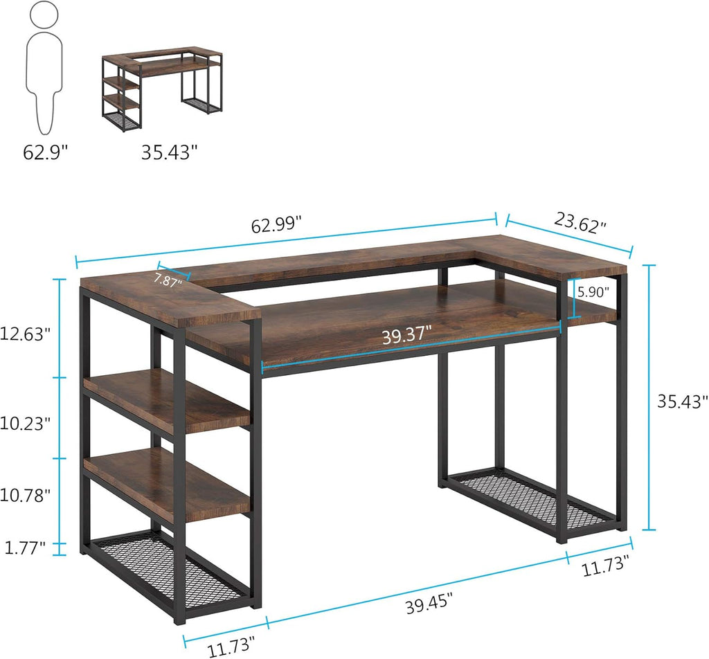 63 inch Computer Desk with Open Storage Shelves, Monitor Shelf & CPU Stand, Rustic Brown Y9491