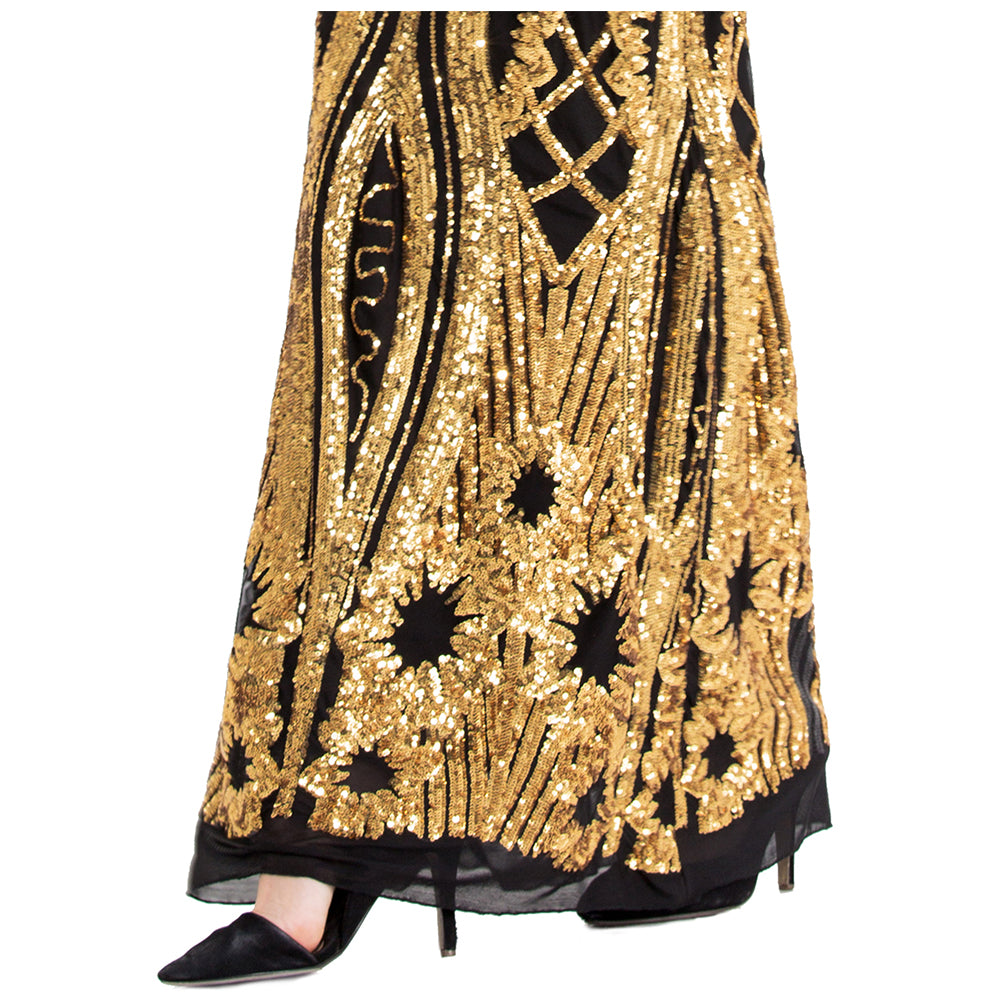 Gold Floral Pattern Sequins Sheath Long Evening Dress C29655