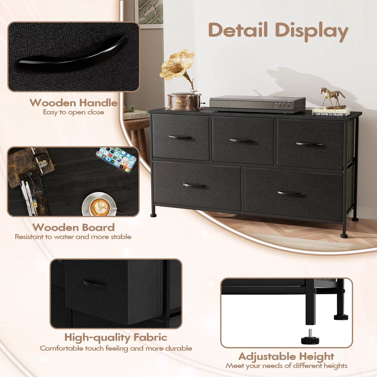 Black 5 Drawer Fabric Dresser with Wood Top M953409