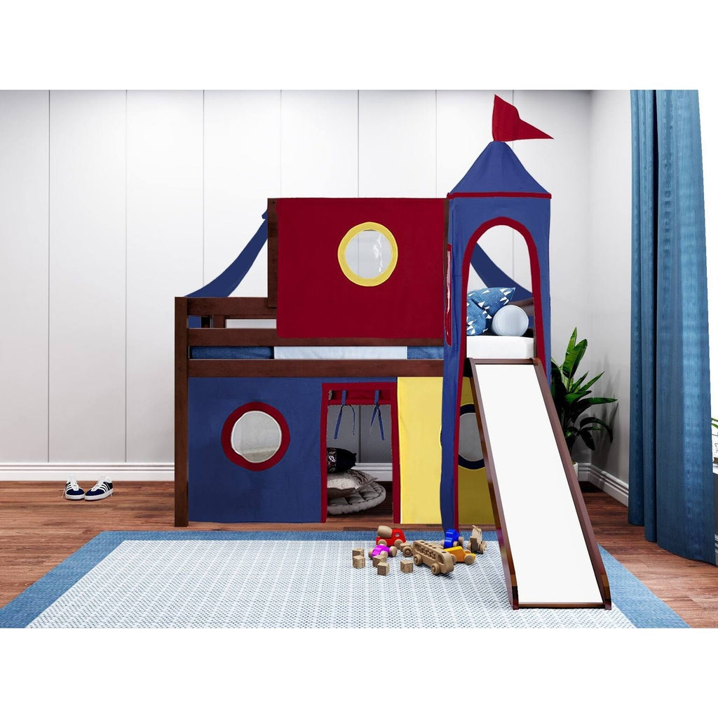 White Low Loft Twin Bed with Slide and Tent A5532