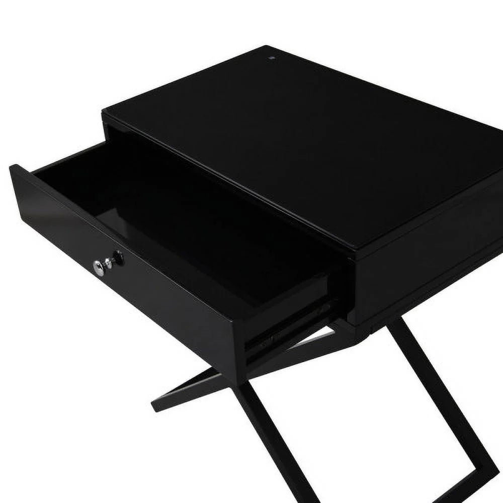 Black Wooden End Side Table Nightstand with Glass Top and Drawer B715958
