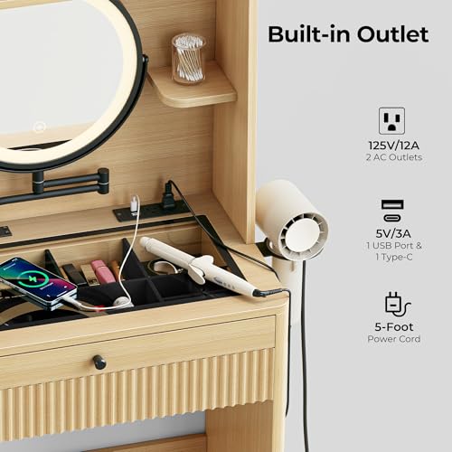 Oak Vanity Desk with Adjustable Mirror and LED Lights E7176