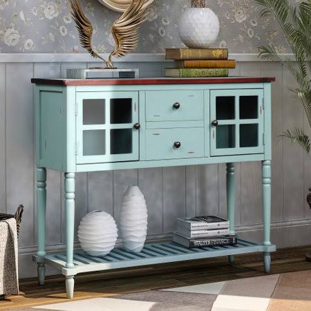Retro Blue Wood Glass Sideboard Console Table with Bottom Shelf H45151