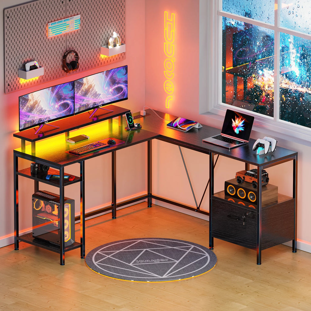 Black L Shaped Desk with Power Outlets & LED Lights C63107