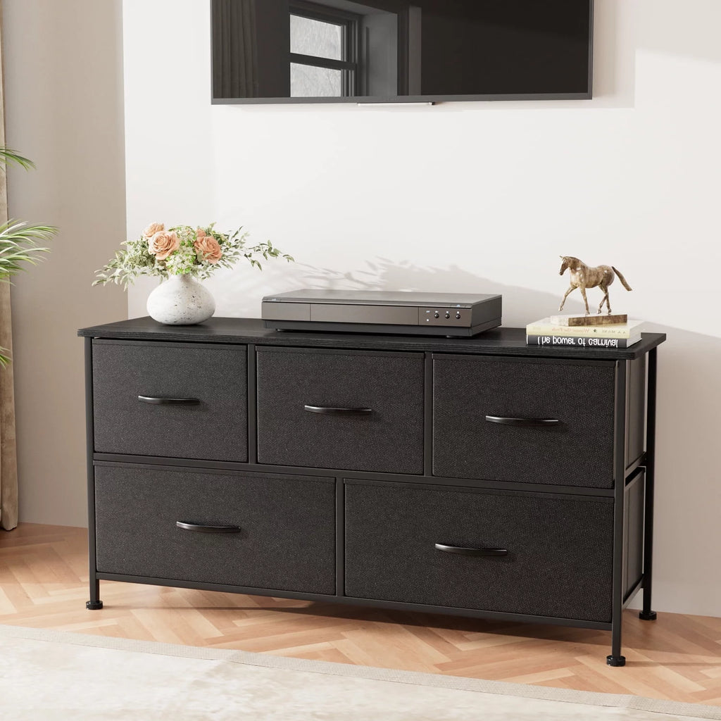 Black 5 Drawer Fabric Dresser with Wood Top M953409