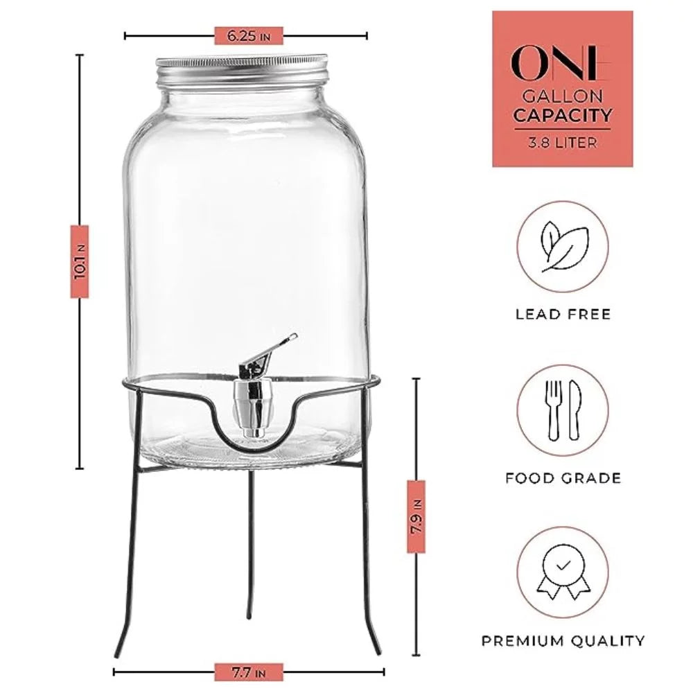 Clear Glass Beverage Dispenser with Spigot and Stand 1 Gallon A11518