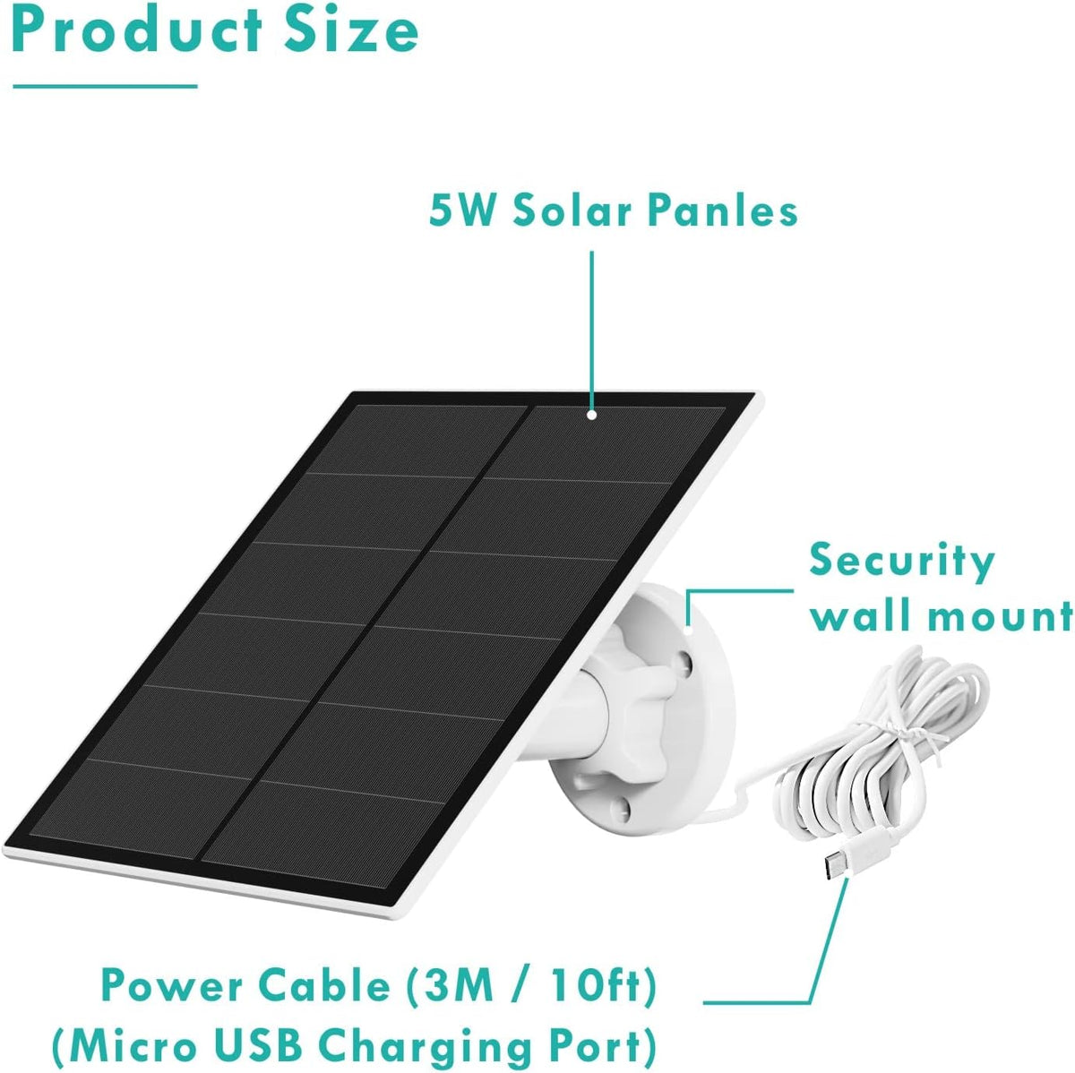 Solar Panel for Rechargeable Battery Security Camera, IP65 Waterproof, Micro USB, 360° Adjustable Wall Mounting Bracket S122