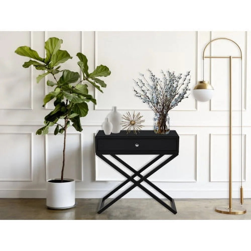 Black Wooden End Side Table Nightstand with Glass Top and Drawer B715958