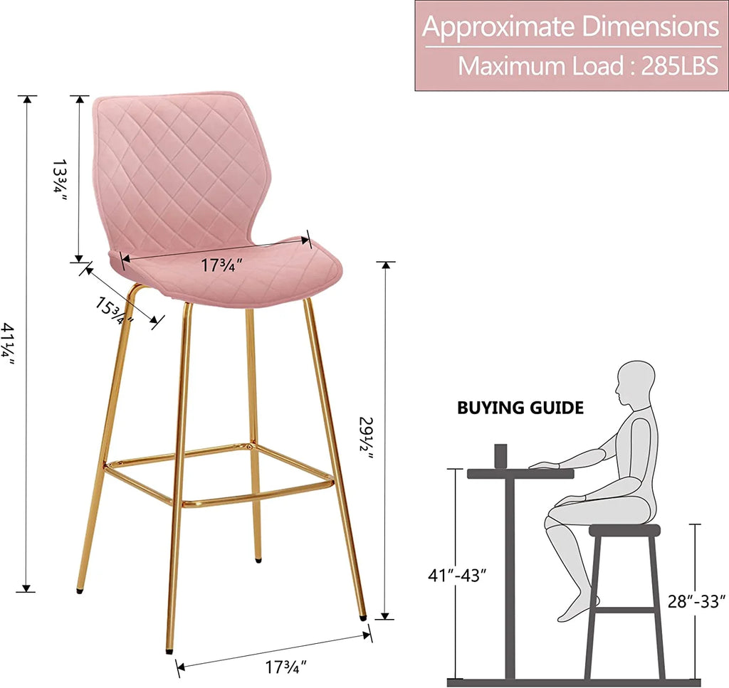Velvet Bar Stool with Back Set of 2, Gold Metal Legs, Salmon Pink C415