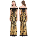 Gold Floral Pattern Sequins Sheath Long Evening Dress C29655
