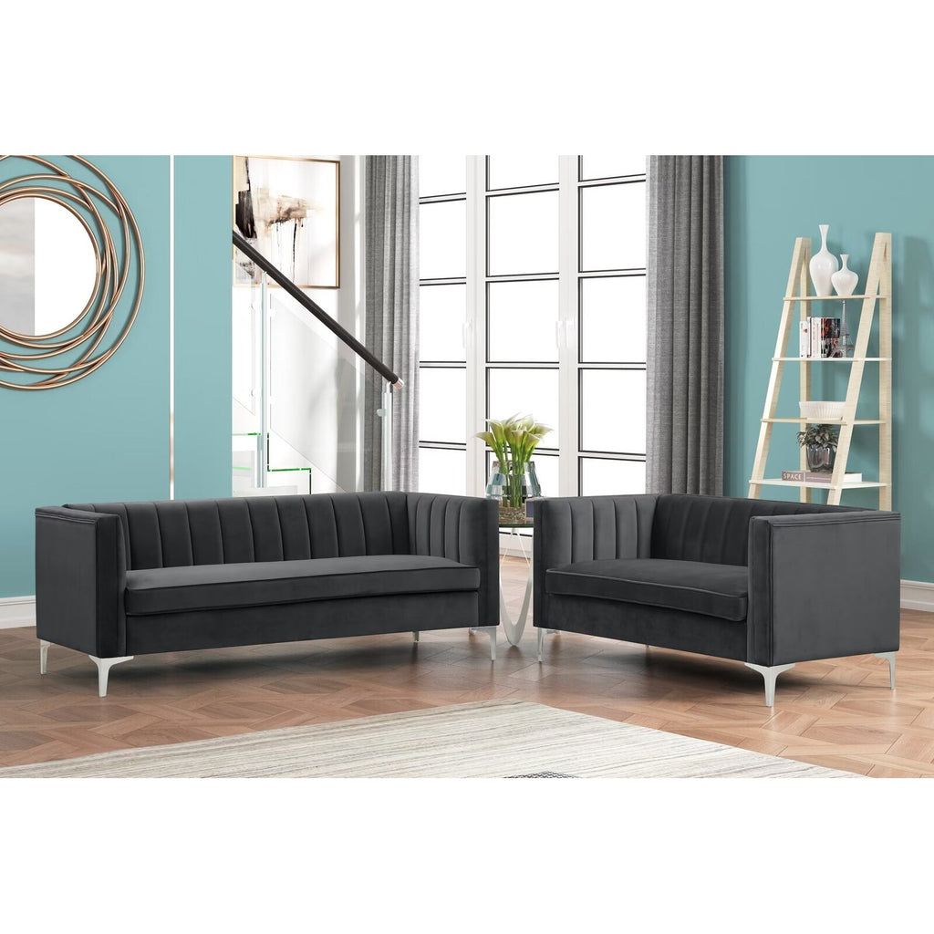 Grey Dutch Velvet Loveseat and Sofa Couch Set with Iron Legs U347615