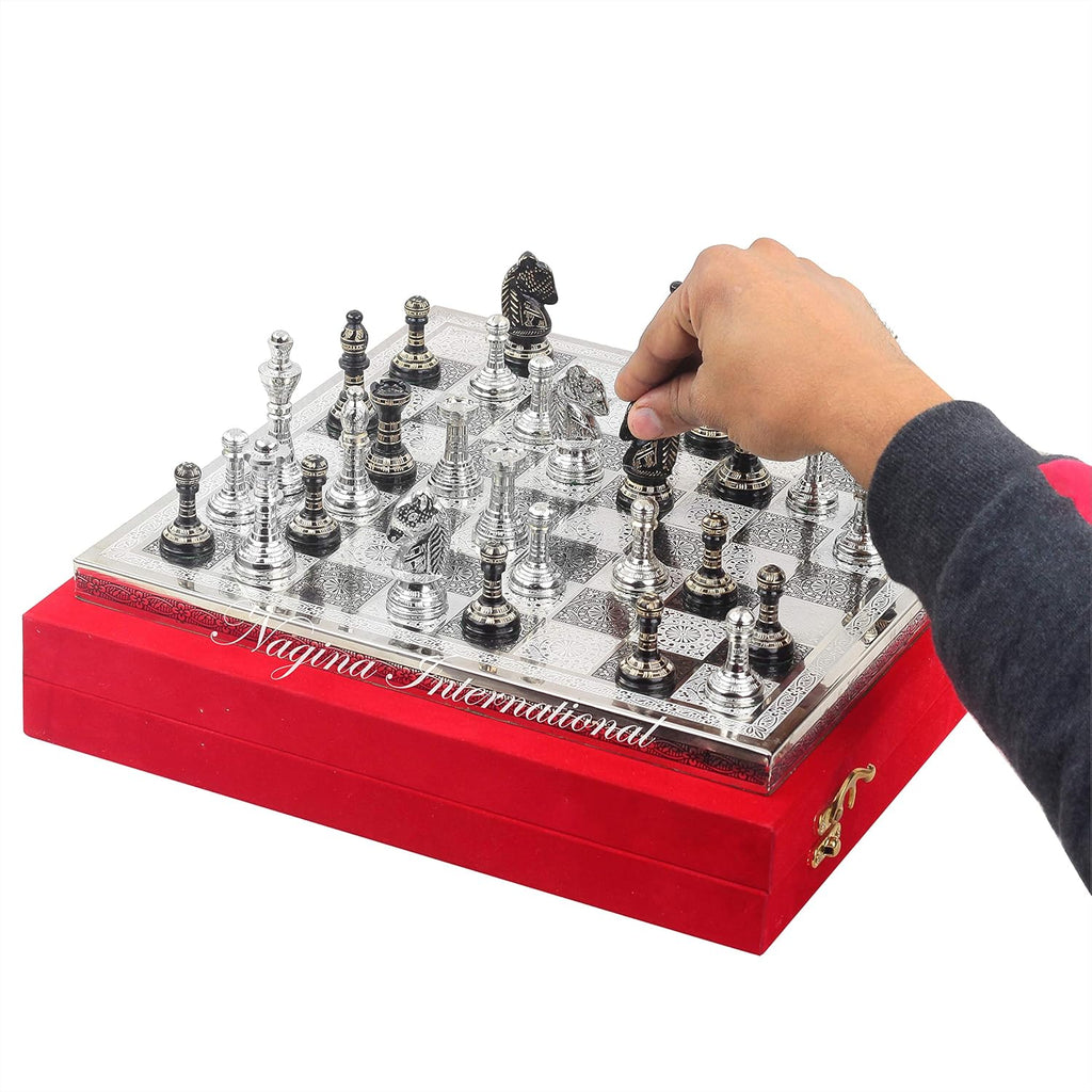 Solid Brass Black Chess Set with Red Velvet Storage Case Q1878