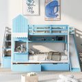 Full Over Full Wooden Bunk Bed with Slide Storage Stairs 2 Drawers Blue E80527