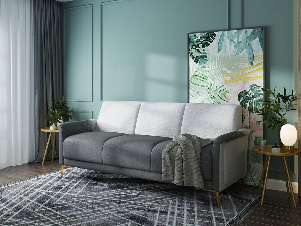 Transitional Futon Sofa with Foldable Tables, Upholstered in Linen with Flared Arms, Golden Metal Legs T170824