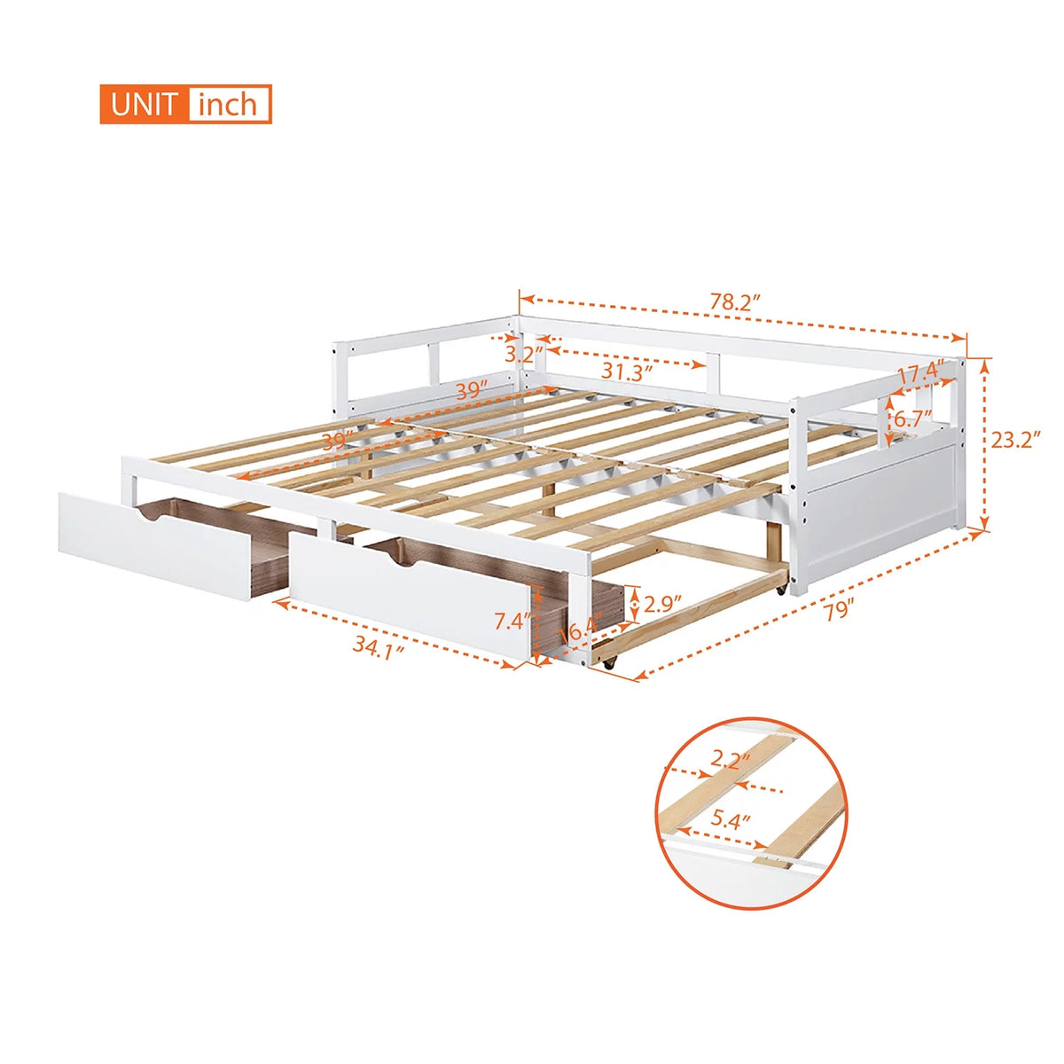 Solid Wood Twin Size Extending Daybed with Two Storage Drawers, White W1727