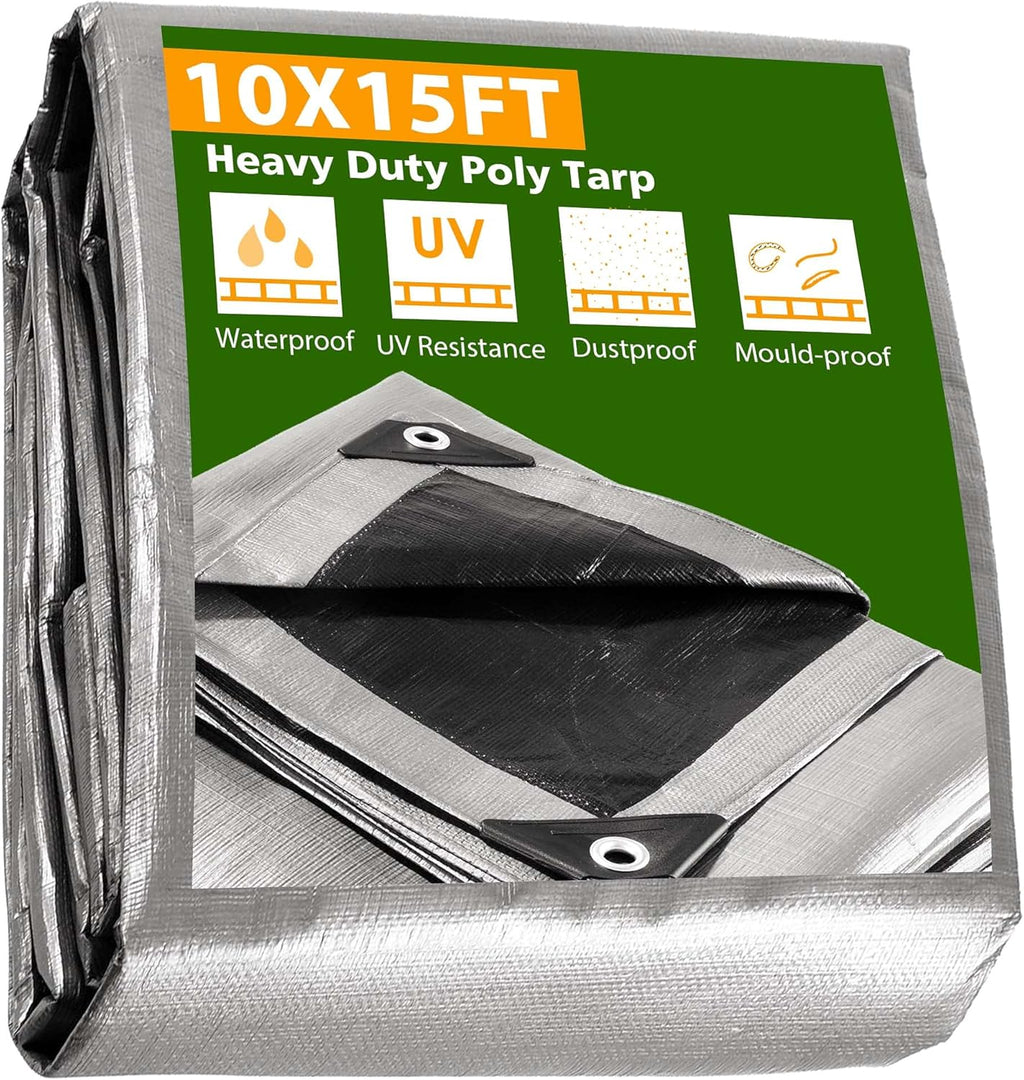 10x15ft Heavy Duty Reinforced Poly Tarp Waterproof Tarpaulin 10-mil Ground Sheet Camping Tent Cover with Eyelets Pack of 2 C614