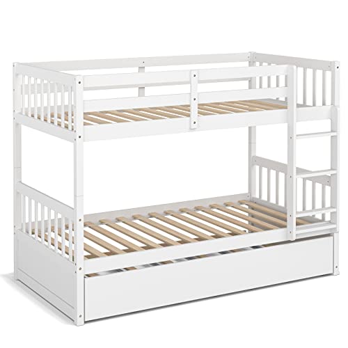 White Twin Over Twin Bunk Bed with Trundle T4839