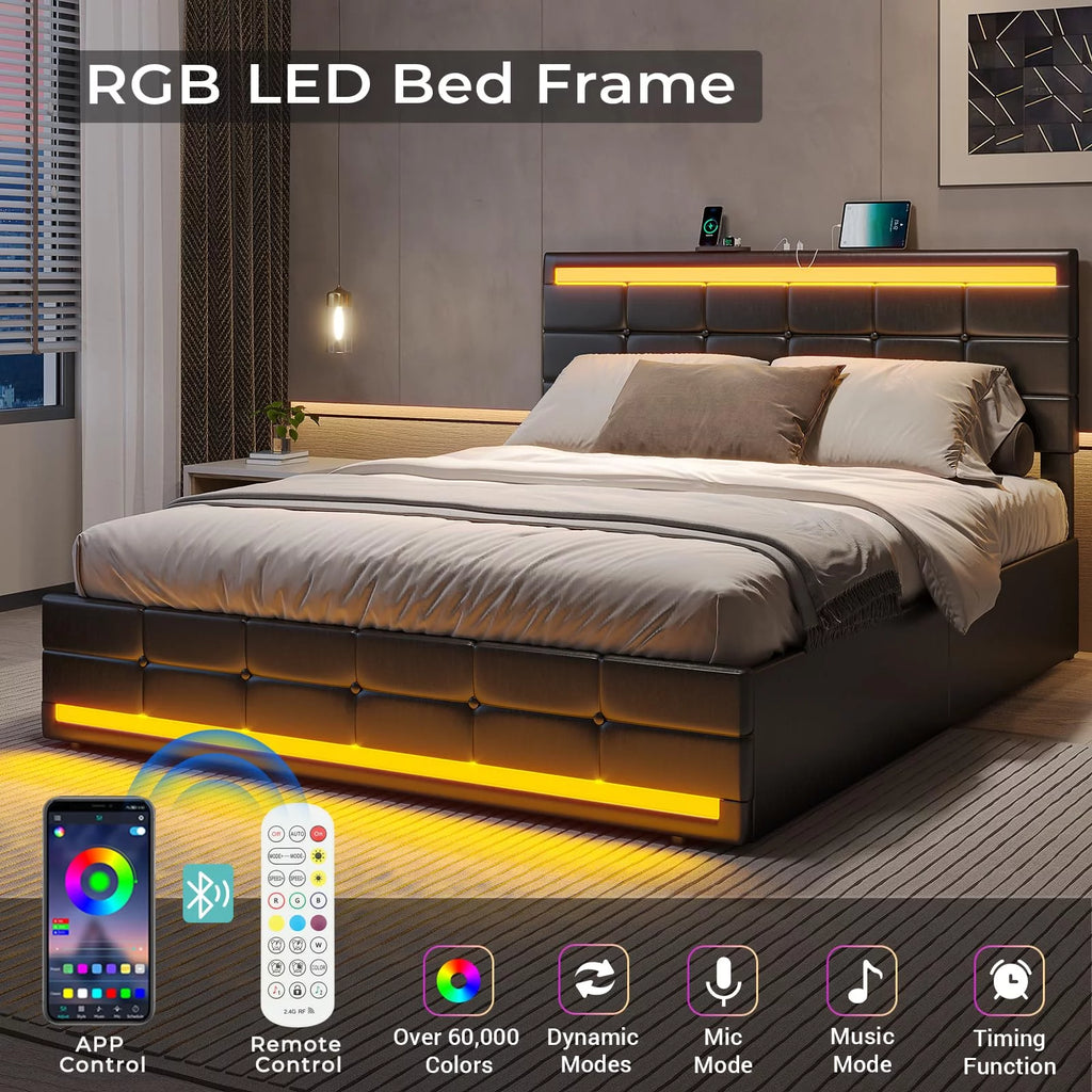 Black Full Leather Platform Bed with Storage Drawers Y61903
