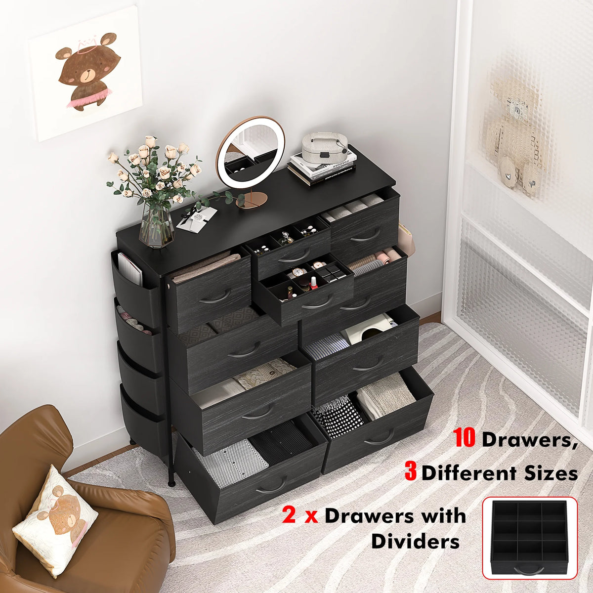 Black 10 Drawer Fabric Dresser with Wood Top I8955
