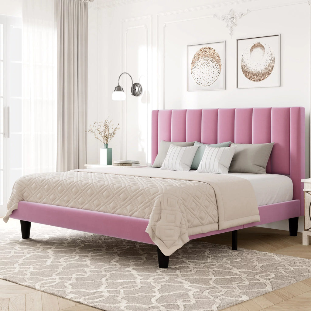 Queen Light Pink Velvet Upholstered Bed Frame Z596710