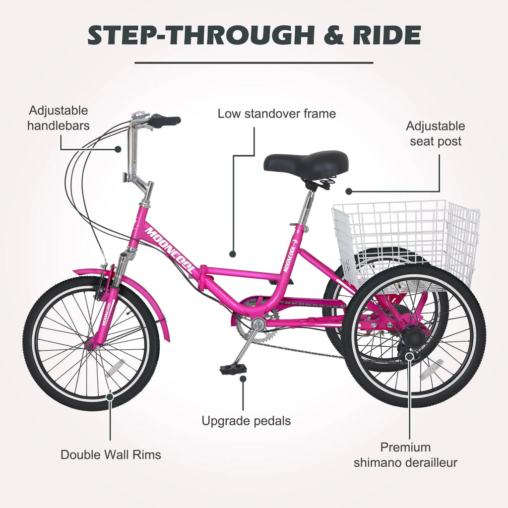 20/24/26 Inch 7-Speed Folding Adult Tricycle with Cargo Basket P4360