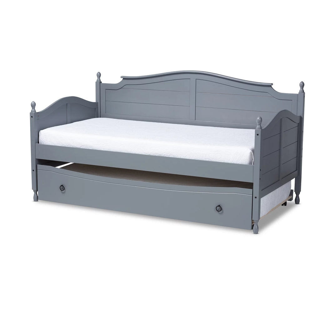 Gray Finished Wood Twin Size Daybed with Roll-Out Trundle Bed Z8438