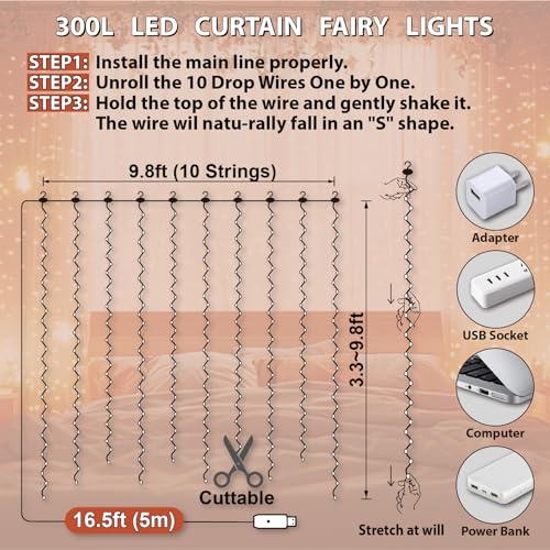 300LED Warm White Fairy Curtain Lights 2 Pack I20897
