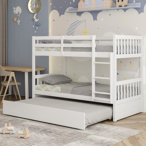 White Twin Over Twin Bunk Bed with Trundle T4839