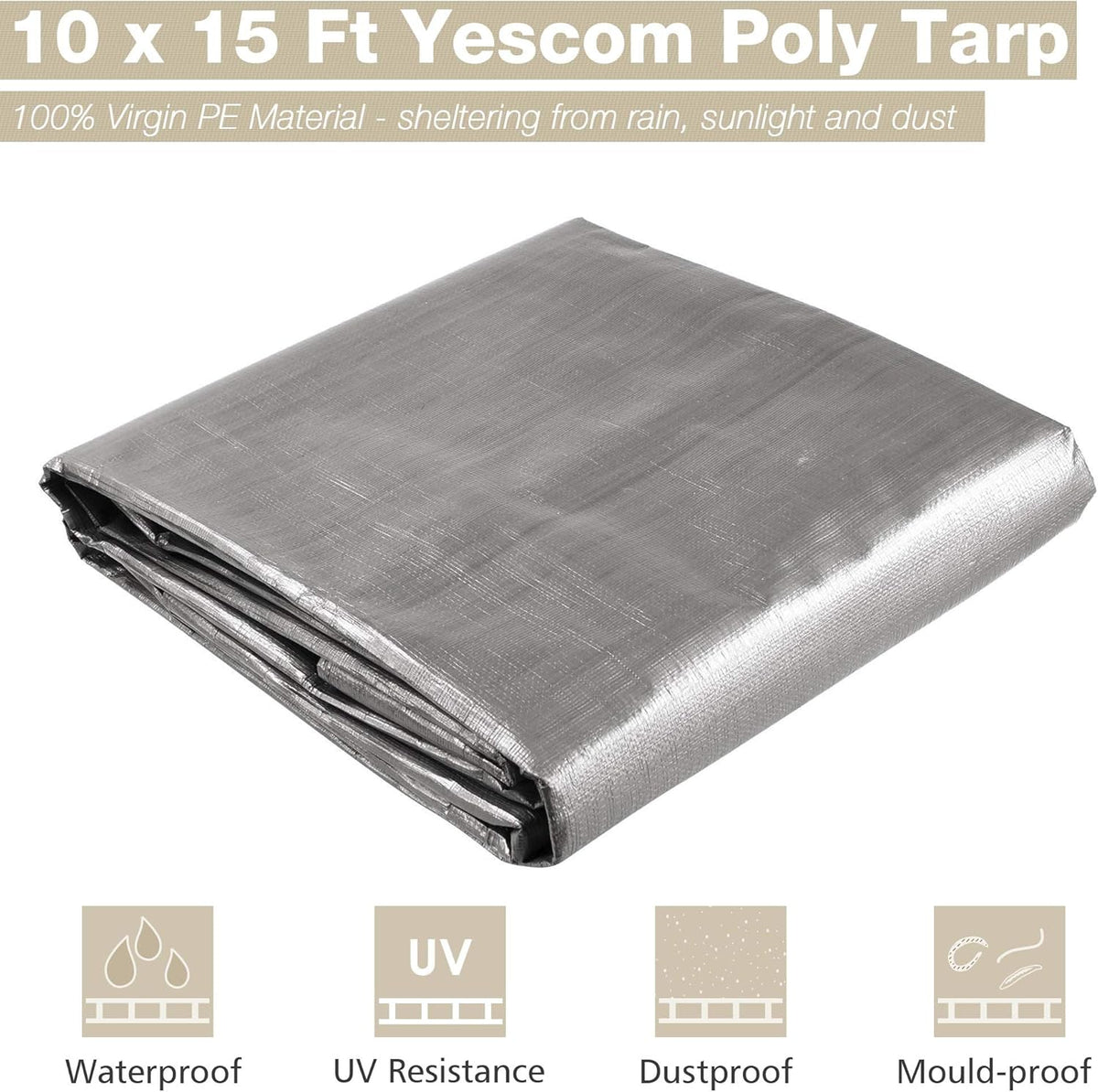 10x15ft Heavy Duty Reinforced Poly Tarp Waterproof Tarpaulin 10-mil Ground Sheet Camping Tent Cover with Eyelets Pack of 2 C614