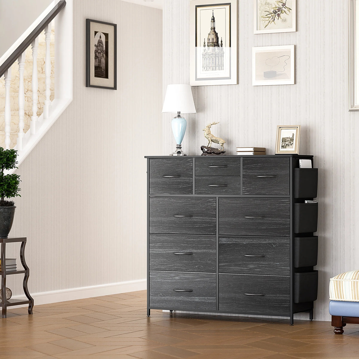 Black 10 Drawer Fabric Dresser with Wood Top I8955