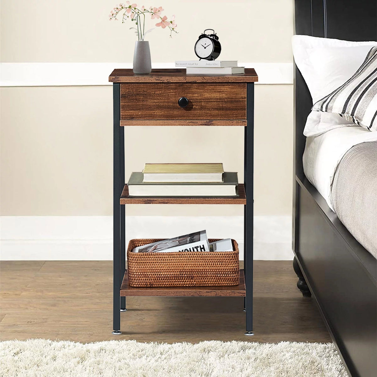 Set of 2 Brown Nightstand with 1-Drawer and Storage Shelf Y1752