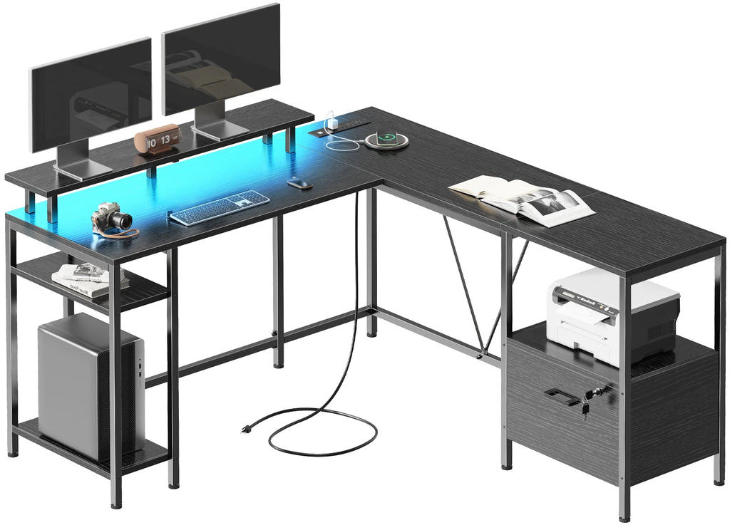 Black L Shaped Desk with Power Outlets & LED Lights C63107