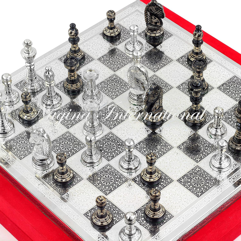 Solid Brass Black Chess Set with Red Velvet Storage Case Q1878