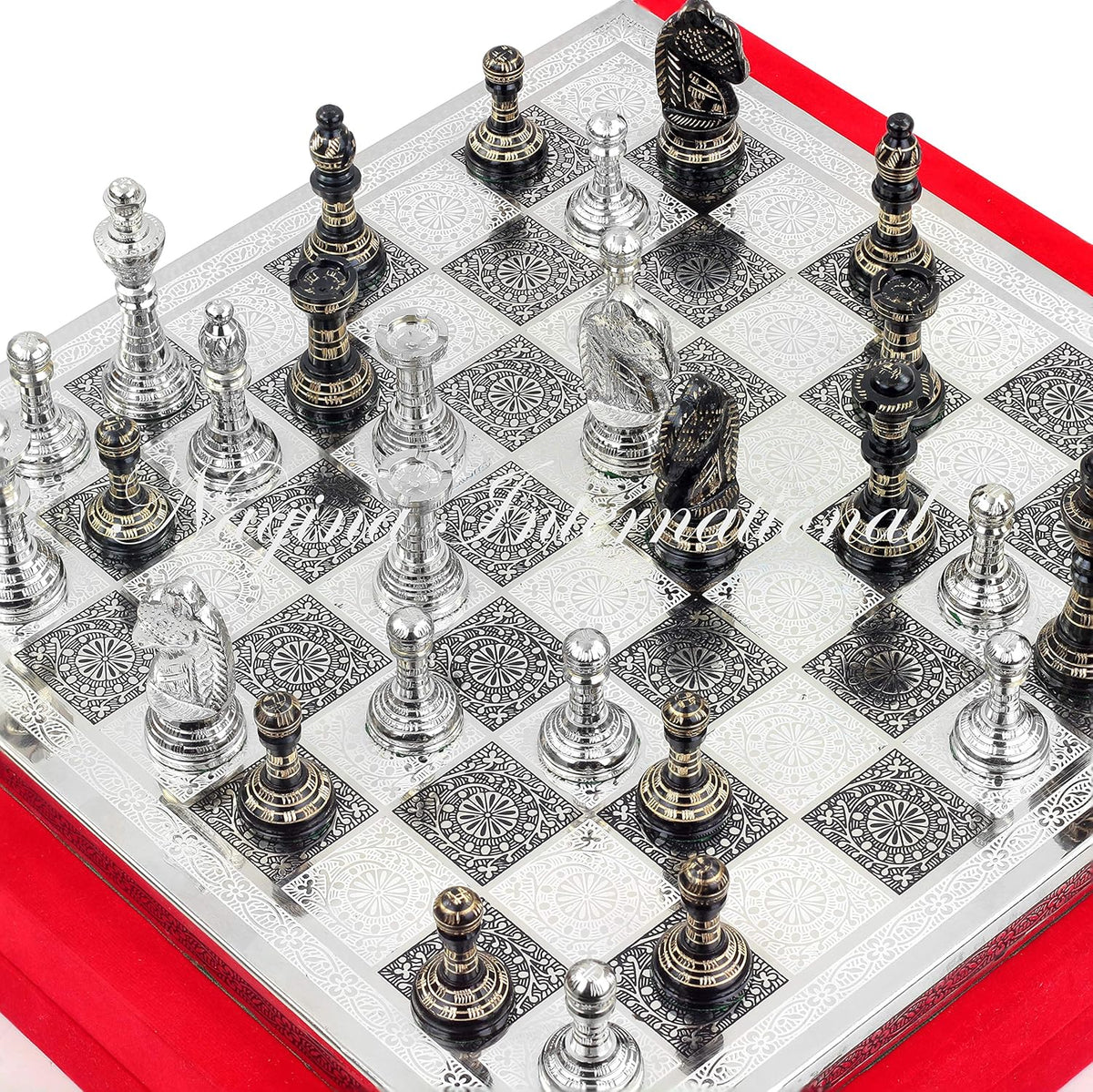 Solid Brass Black Chess Set with Red Velvet Storage Case Q1878