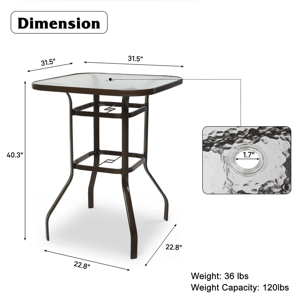 31 Inch Square Outdoor Bar Height Bistro Table with Tempered Glass Tabletop Y6328