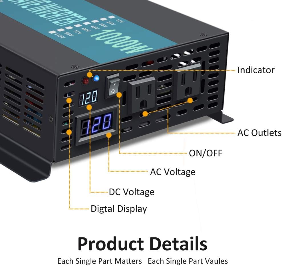 1000W Pure Sine Wave Car Power Inverter 12V DC to 120V AC with 2 AC Outlets E949380