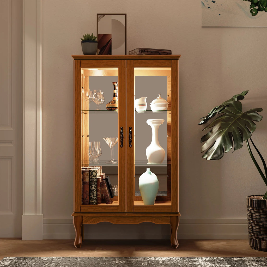 3 Tier Lighted Curio Display Cabinet with Adjustable Shelves and Tempered Glass Doors T340066