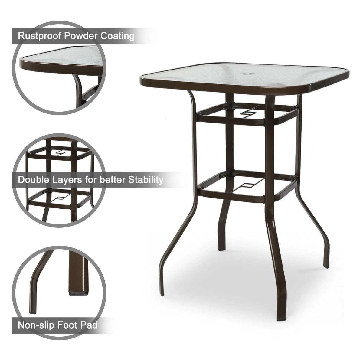 31 Inch Square Outdoor Bar Height Bistro Table with Tempered Glass Tabletop Y6328