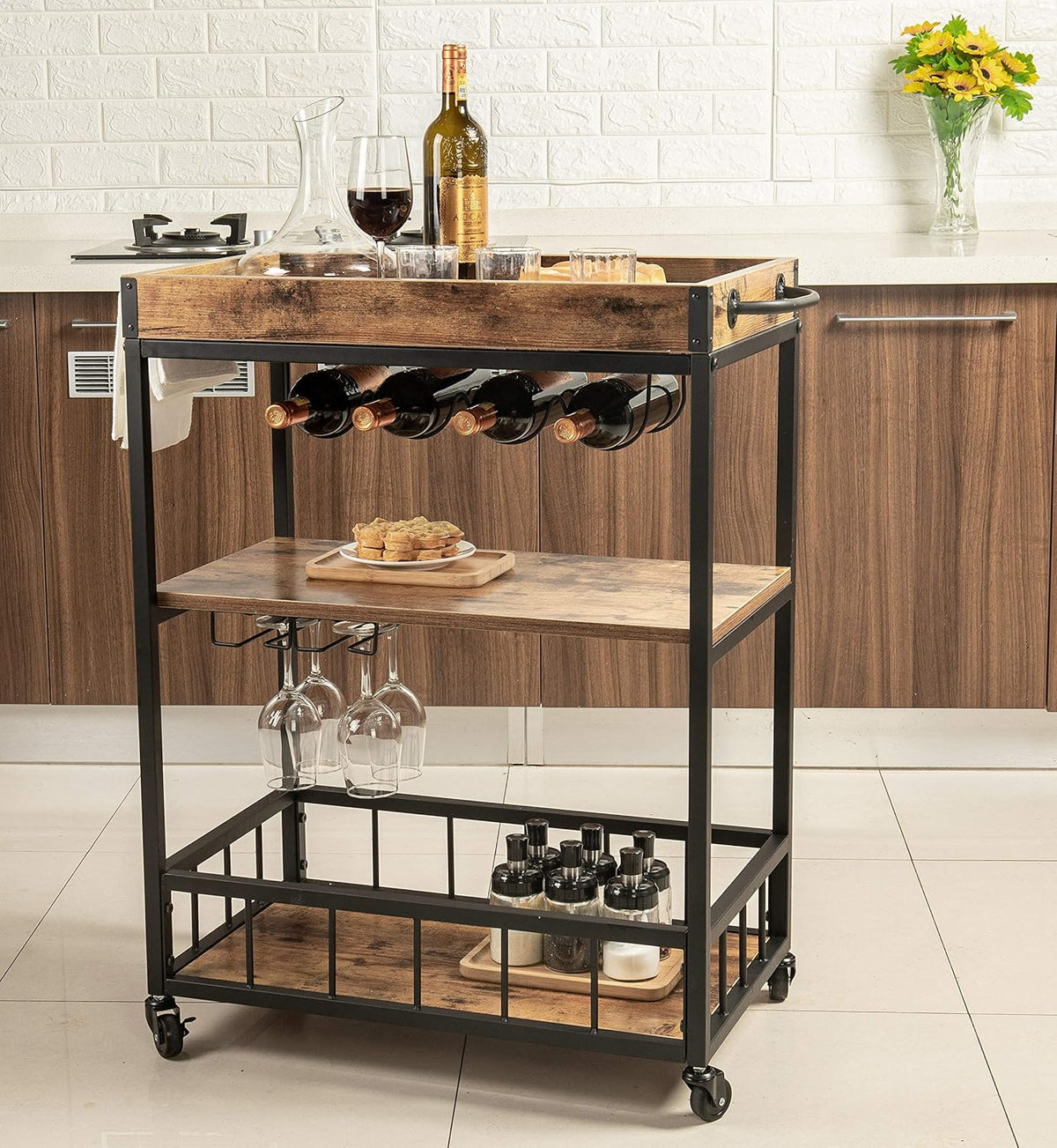 Rustic Brown Wood Metal Bar Serving Cart N62968