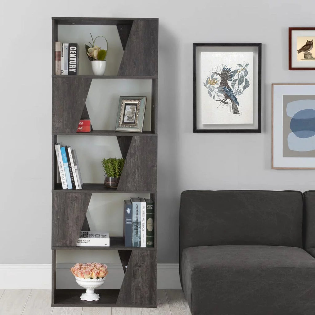 5-tier Wooden Bookcase in Washed Black Finish O174