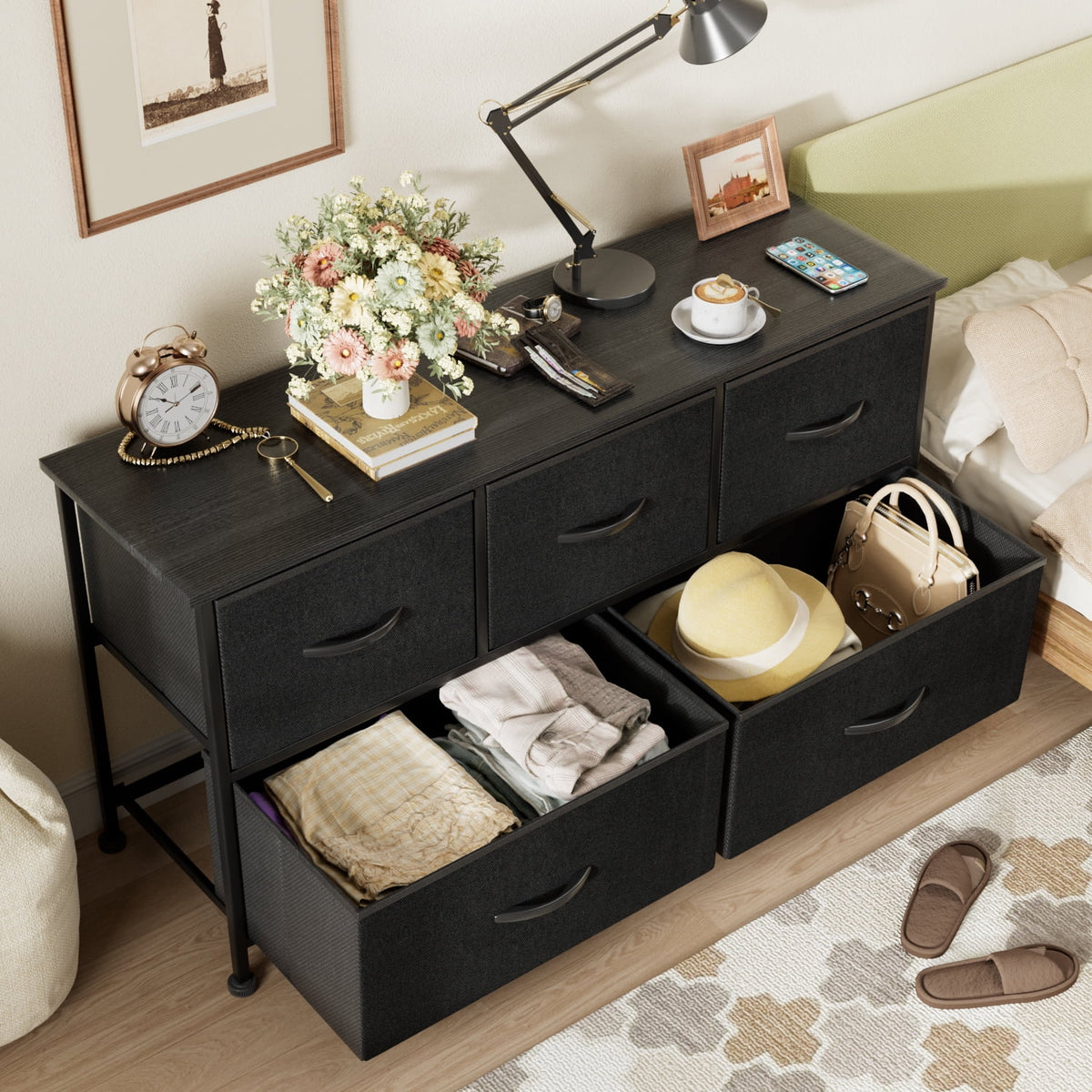 Black 5 Drawer Fabric Dresser with Wood Top M953409