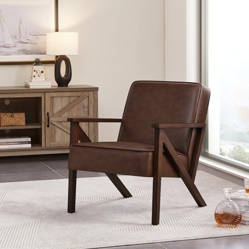 Light Brown Faux Leather Accent Chair with Wood Frame F14053